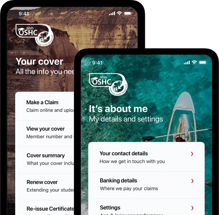 Screenshots of the 'Your cover' and 'about me' sections of the ahm OSHC app